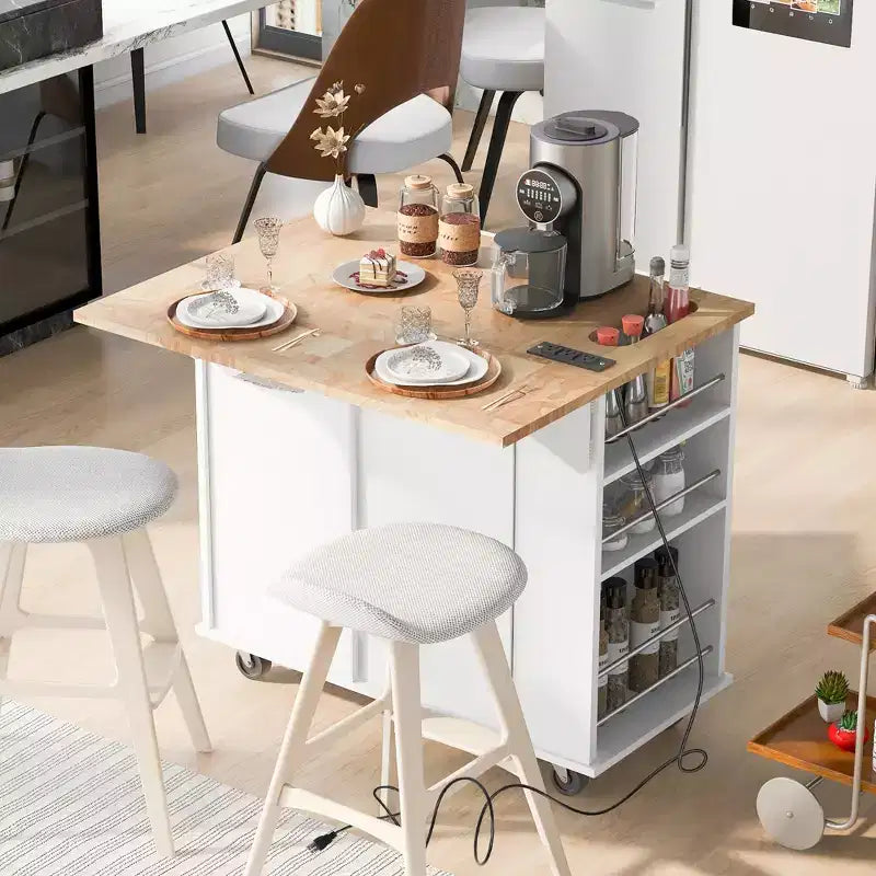 GDFStudio Patsy Îlot de cuisine mobile avec prise de courant, abattant et plateau en bois d'hévéa