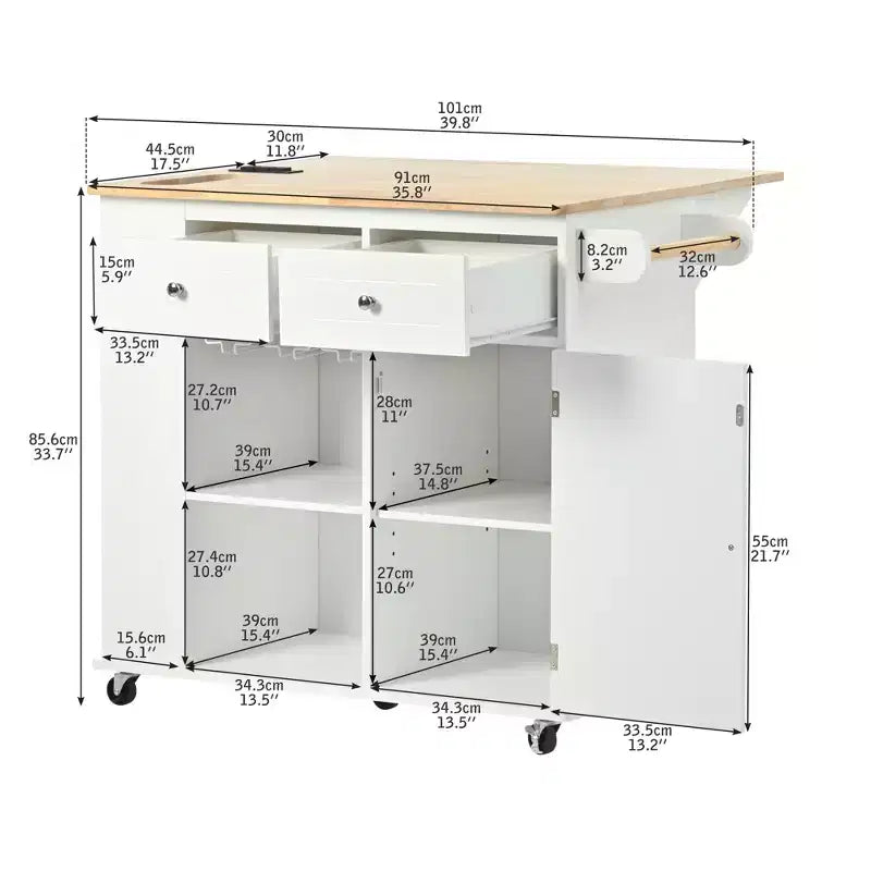 GDFStudio Patsy Îlot de cuisine mobile avec prise de courant, abattant et plateau en bois d'hévéa