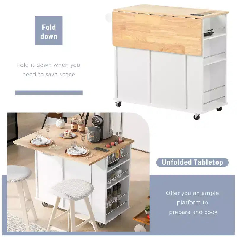 GDFStudio Patsy Îlot de cuisine mobile avec prise de courant, abattant et plateau en bois d'hévéa