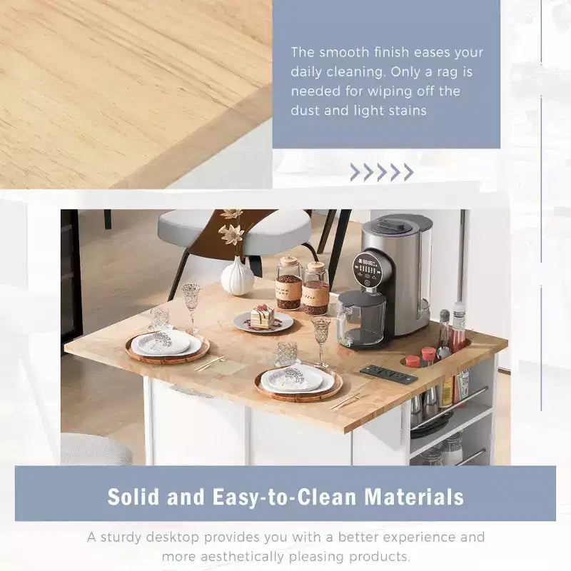 GDFStudio Patsy Îlot de cuisine mobile avec prise de courant, abattant et plateau en bois d'hévéa