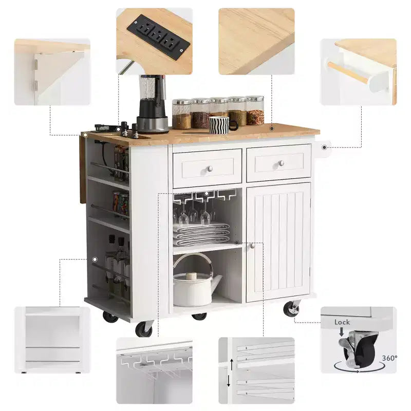 GDFStudio Patsy Îlot de cuisine mobile avec prise de courant, abattant et plateau en bois d'hévéa