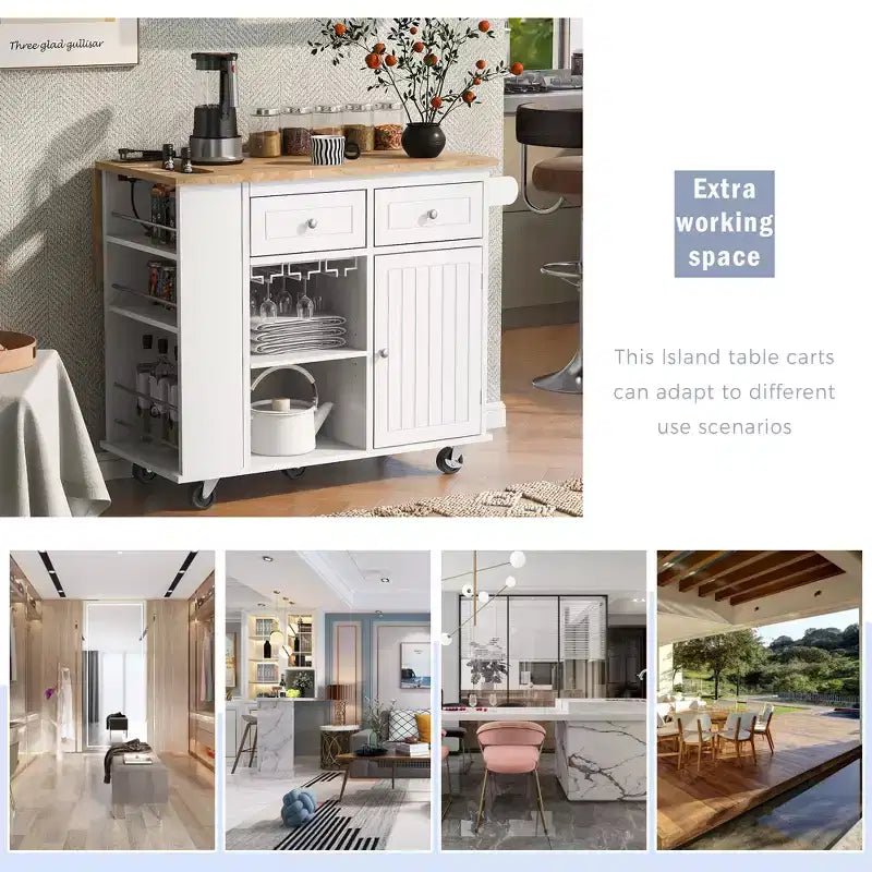 GDFStudio Patsy Îlot de cuisine mobile avec prise de courant, abattant et plateau en bois d'hévéa