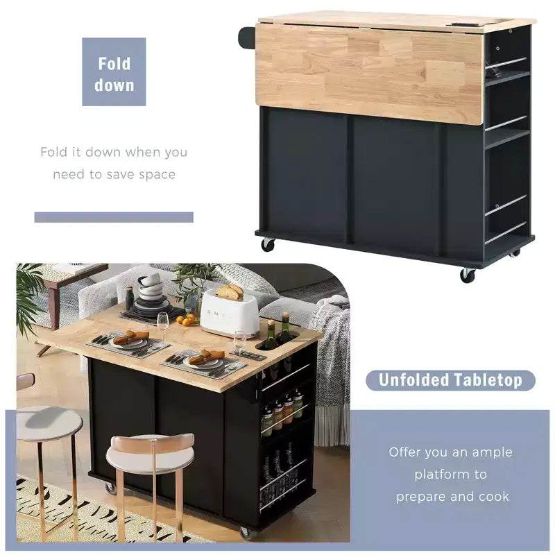 GDFStudio Patsy Îlot de cuisine mobile avec prise de courant, abattant et plateau en bois d'hévéa