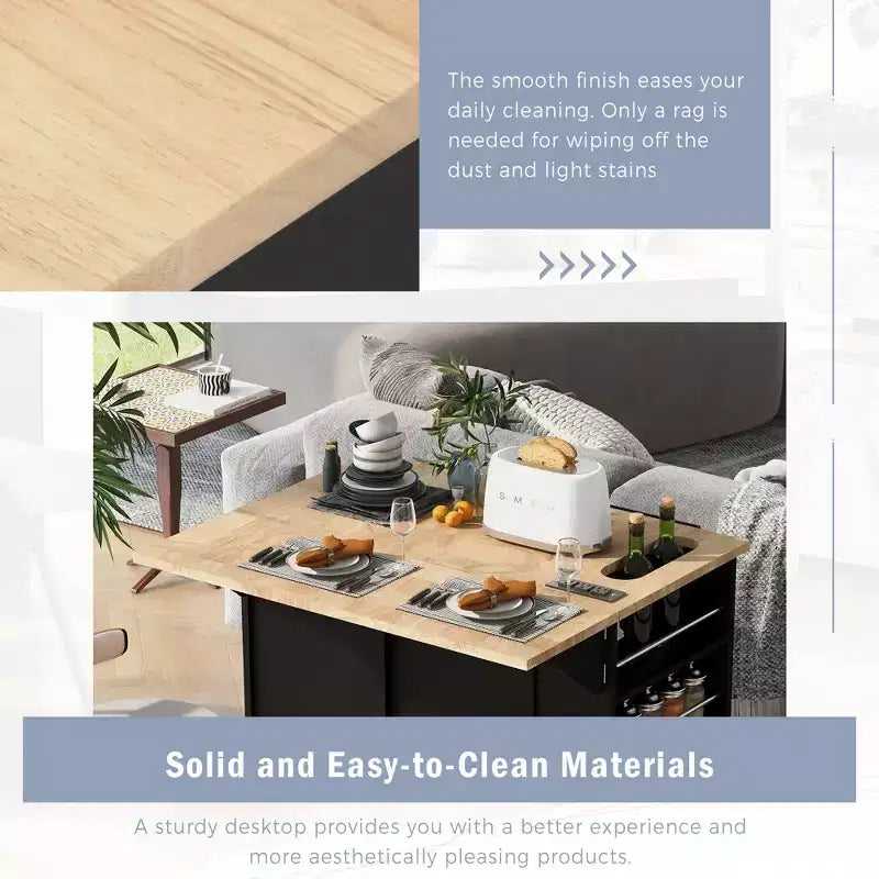 GDFStudio Patsy Îlot de cuisine mobile avec prise de courant, abattant et plateau en bois d'hévéa