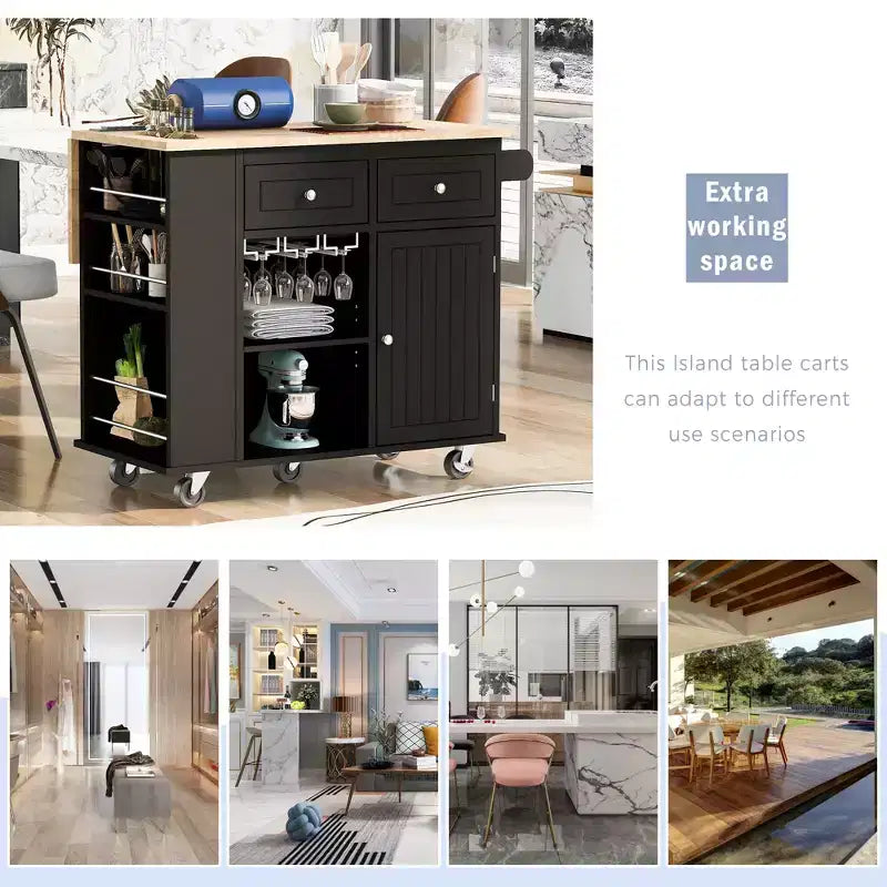 GDFStudio Patsy Îlot de cuisine mobile avec prise de courant, abattant et plateau en bois d'hévéa