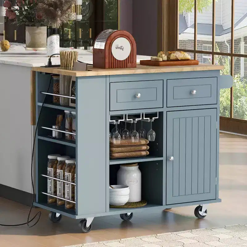 GDFStudio Patsy Îlot de cuisine mobile avec prise de courant, abattant et plateau en bois d'hévéa