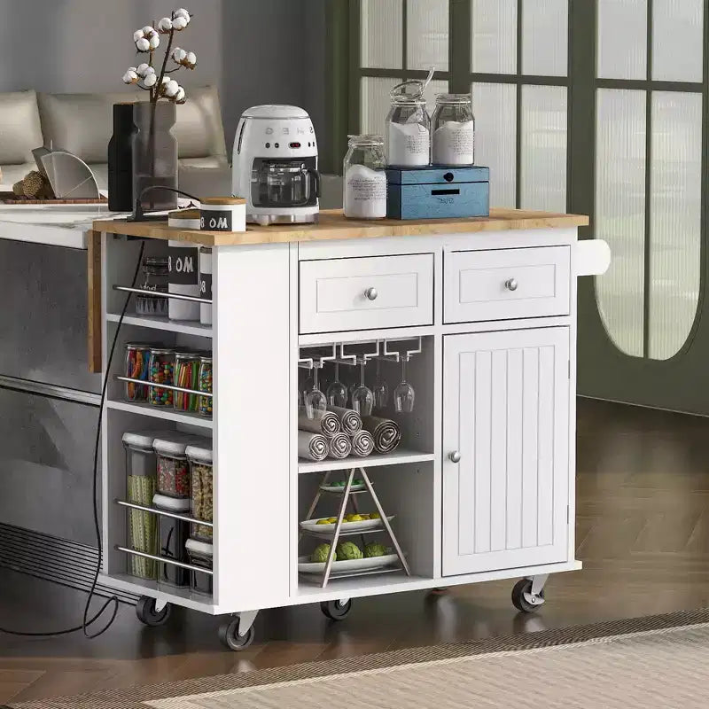 GDFStudio Patsy Îlot de cuisine mobile avec prise de courant, abattant et plateau en bois d'hévéa