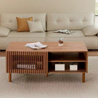 Coffee Table with Fluted Sliding Doors, Dual-Side Storage and Wood Legs, 110 cm Wide