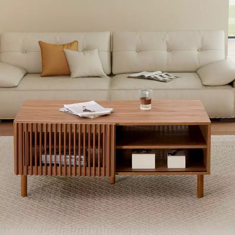 Bestier Modern Coffee Table with Storage, 44 Center Table with Fluted Sliding Doors and Dual Side Storage Shelves, Solid Wood Legs for Living Room