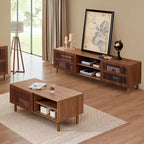 Table basse avec portes coulissantes cannelées, rangement double face et pieds en bois, 110 cm de large