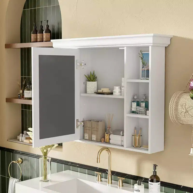 CASAINC Armoire de toilette murale 35 x 28 avec porte miroir et 6 étagères ouvertes, meuble de salle de bain moderne