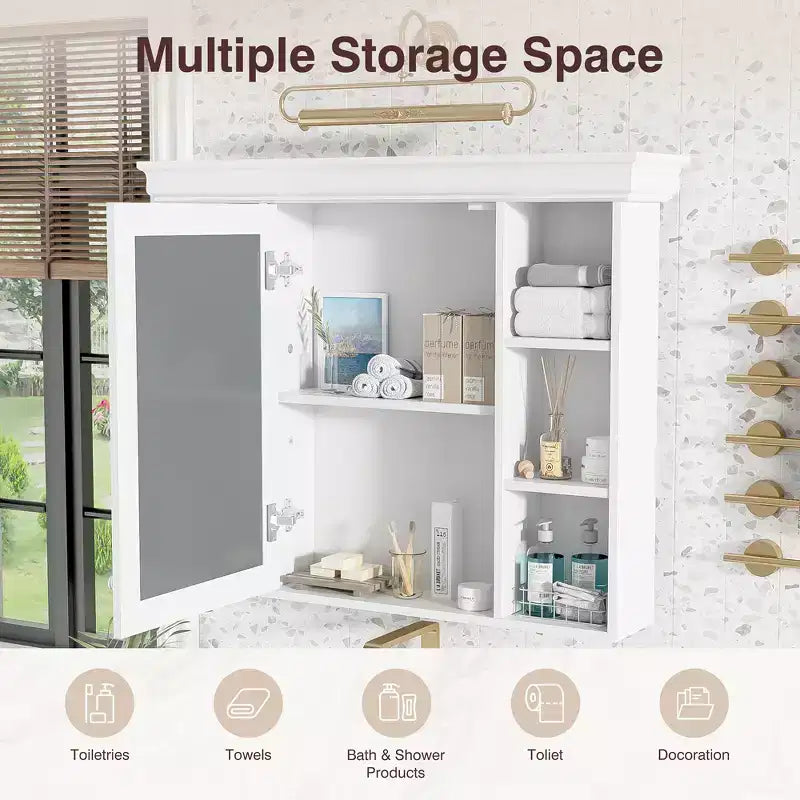 CASAINC Armoire de toilette murale 35 x 28 avec porte miroir et 6 étagères ouvertes, meuble de salle de bain moderne