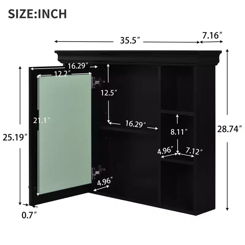 CASAINC Armoire de toilette murale 35 x 28 avec porte miroir et 6 étagères ouvertes, meuble de salle de bain moderne