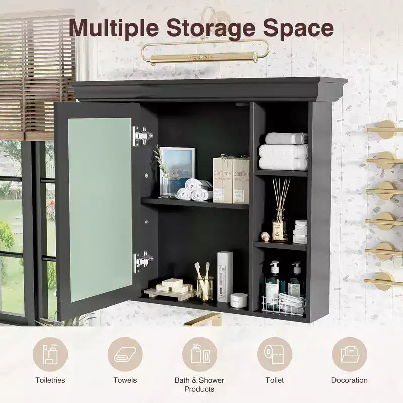 CASAINC Armoire de toilette murale 35 x 28 avec porte miroir et 6 étagères ouvertes, meuble de salle de bain moderne