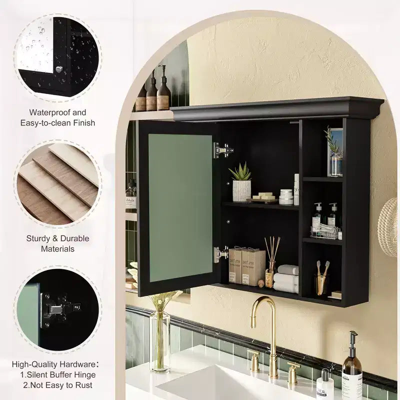 CASAINC Armoire de toilette murale 35 x 28 avec porte miroir et 6 étagères ouvertes, meuble de salle de bain moderne