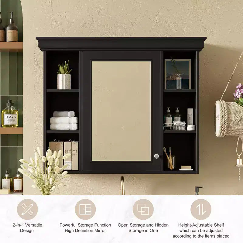CASAINC Armoire de toilette murale 35 x 28 avec porte miroir et 6 étagères ouvertes, meuble de salle de bain moderne