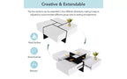 Table basse extensible avec plateau de puzzle et 4 rangements cachés, Table basse intelligente, Table carrée avec plateau coulissant extensible, Table de salon