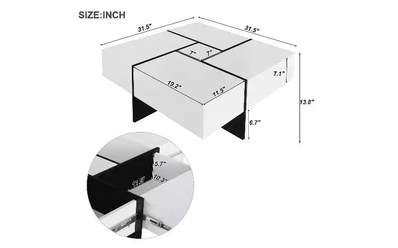 Table basse relevable TUYOHW avec 4 rangements cachés, table de salon intelligente, table carrée avec plateau coulissant extensible