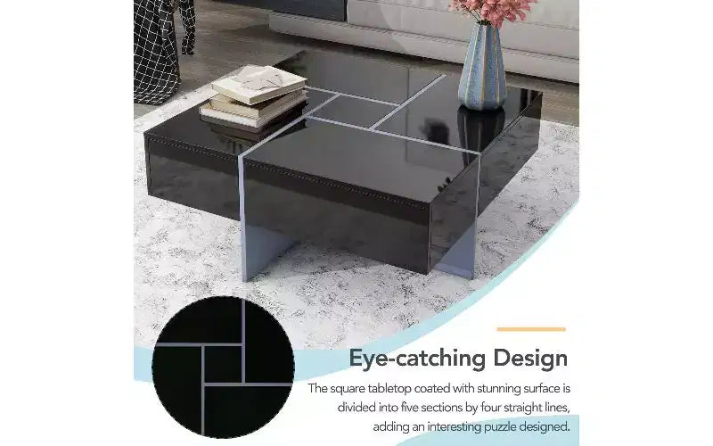 Table basse relevable TUYOHW avec 4 rangements cachés, table de salon intelligente, table carrée avec plateau coulissant extensible