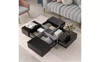 Table basse extensible avec plateau de puzzle et 4 rangements cachés, Table basse intelligente, Table carrée avec plateau coulissant extensible, Table de salon