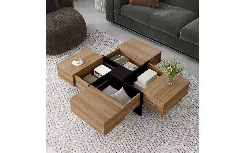 Table basse relevable TUYOHW avec 4 rangements cachés, table de salon intelligente, table carrée avec plateau coulissant extensible