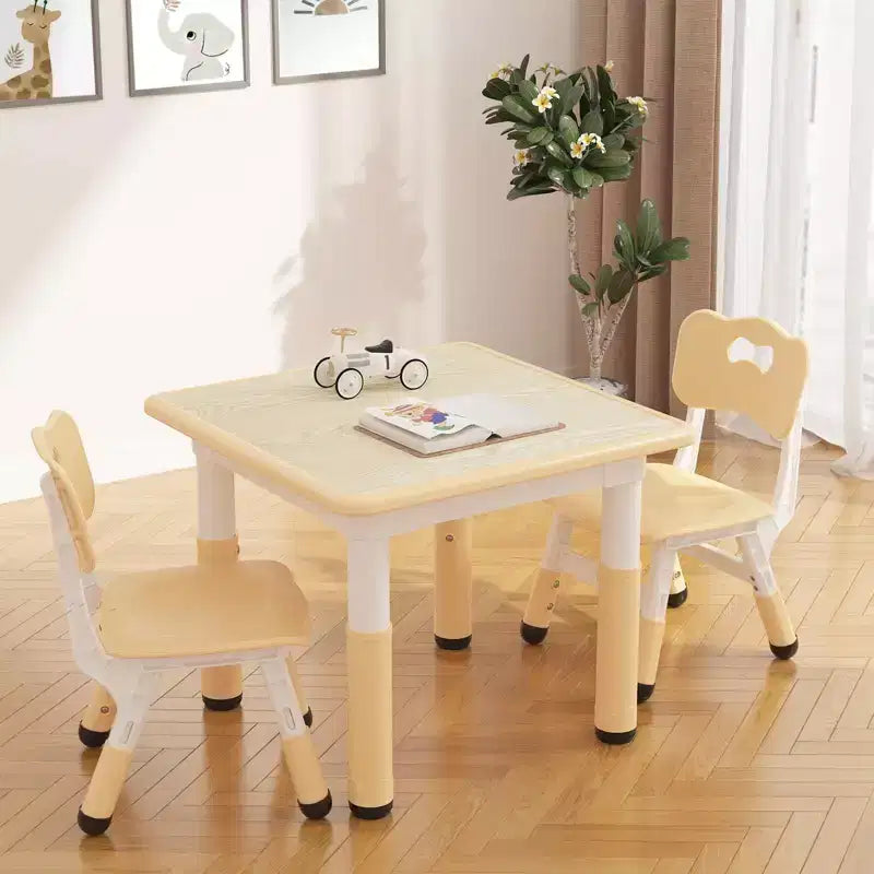 Table et 2 chaises pour enfants COZONY, 60 cm, adaptée aux poussettes avec bords de sécurité et patins antidérapants, jaune