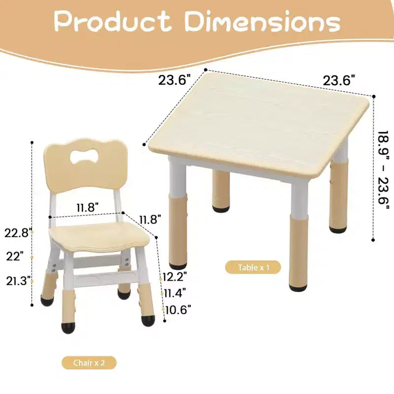 Table et 2 chaises pour enfants COZONY, 60 cm, adaptée aux poussettes avec bords de sécurité et patins antidérapants, jaune
