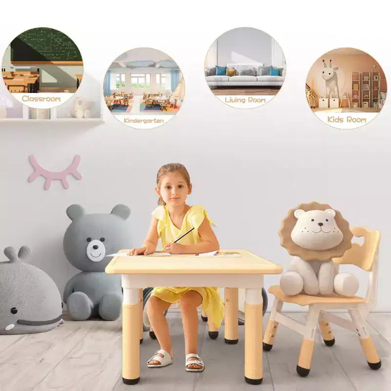 Table et 2 chaises pour enfants COZONY, 60 cm, adaptée aux poussettes avec bords de sécurité et patins antidérapants, jaune