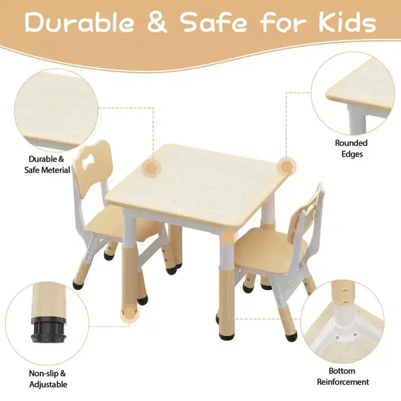 Table et 2 chaises pour enfants COZONY, 60 cm, adaptée aux poussettes avec bords de sécurité et patins antidérapants, jaune