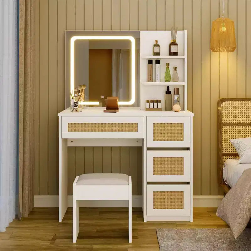 Coiffeuse en rotin blanche, coiffeuse de maquillage avec miroir LED réglable, 4 tiroirs et 2 étagères ouvertes, table de maquillage moderne pour chambre à coucher