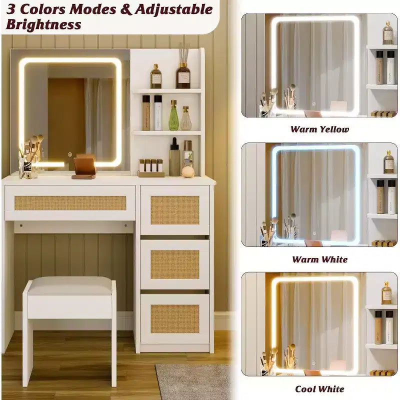 Coiffeuse en rotin blanche, coiffeuse de maquillage avec miroir LED réglable, 4 tiroirs et 2 étagères ouvertes, table de maquillage moderne pour chambre à coucher