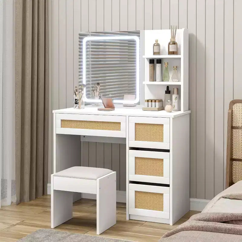 Coiffeuse en rotin blanche, coiffeuse de maquillage avec miroir LED réglable, 4 tiroirs et 2 étagères ouvertes, table de maquillage moderne pour chambre à coucher
