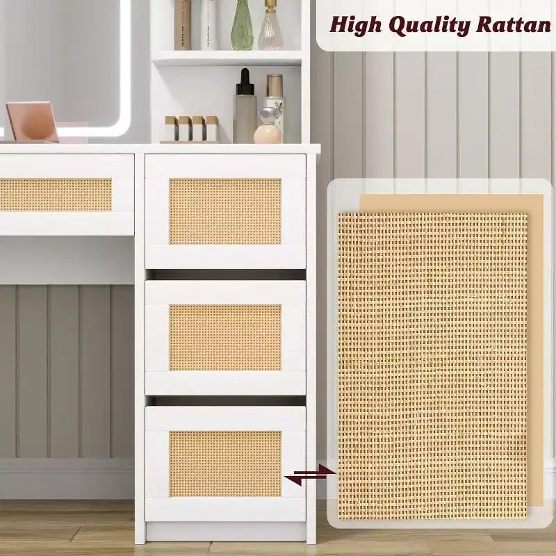 Coiffeuse en rotin blanche, coiffeuse de maquillage avec miroir LED réglable, 4 tiroirs et 2 étagères ouvertes, table de maquillage moderne pour chambre à coucher