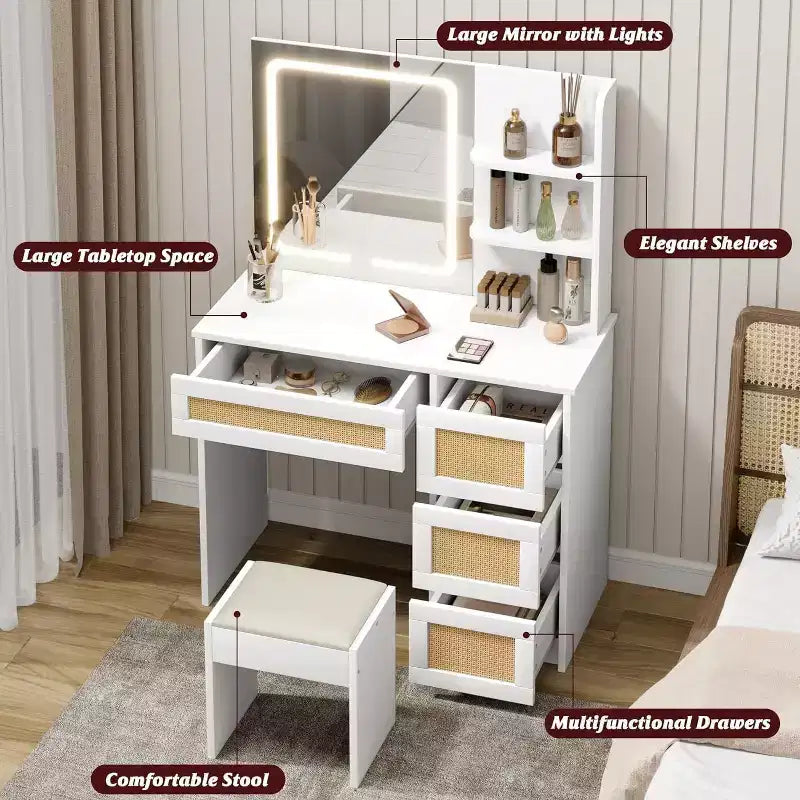 Coiffeuse en rotin blanche, coiffeuse de maquillage avec miroir LED réglable, 4 tiroirs et 2 étagères ouvertes, table de maquillage moderne pour chambre à coucher
