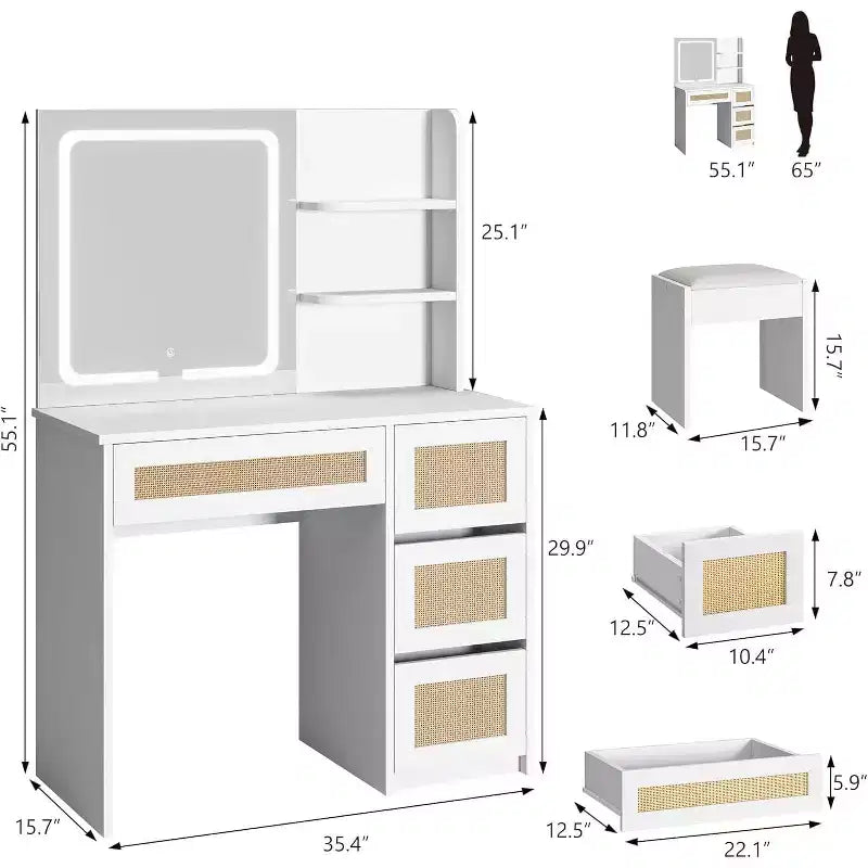 Coiffeuse en rotin blanche, coiffeuse de maquillage avec miroir LED réglable, 4 tiroirs et 2 étagères ouvertes, table de maquillage moderne pour chambre à coucher