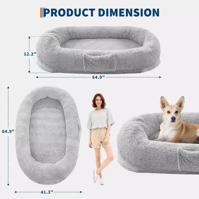 Lit pour chien humain 65 x 41 x 12, grand lit pouf en fausse fourrure avec poignée, housse amovible, poche latérale et mousse orthopédique alvéolée (marron)