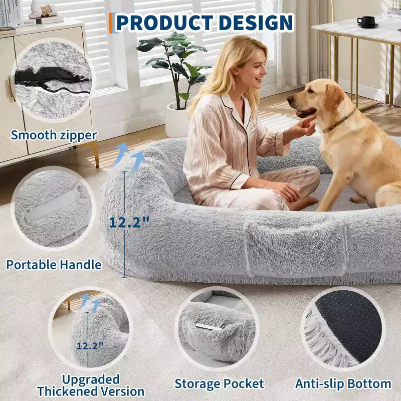 Lit pour chien humain 65 x 41 x 12, grand lit pouf en fausse fourrure avec poignée, housse amovible, poche latérale et mousse orthopédique alvéolée (marron)
