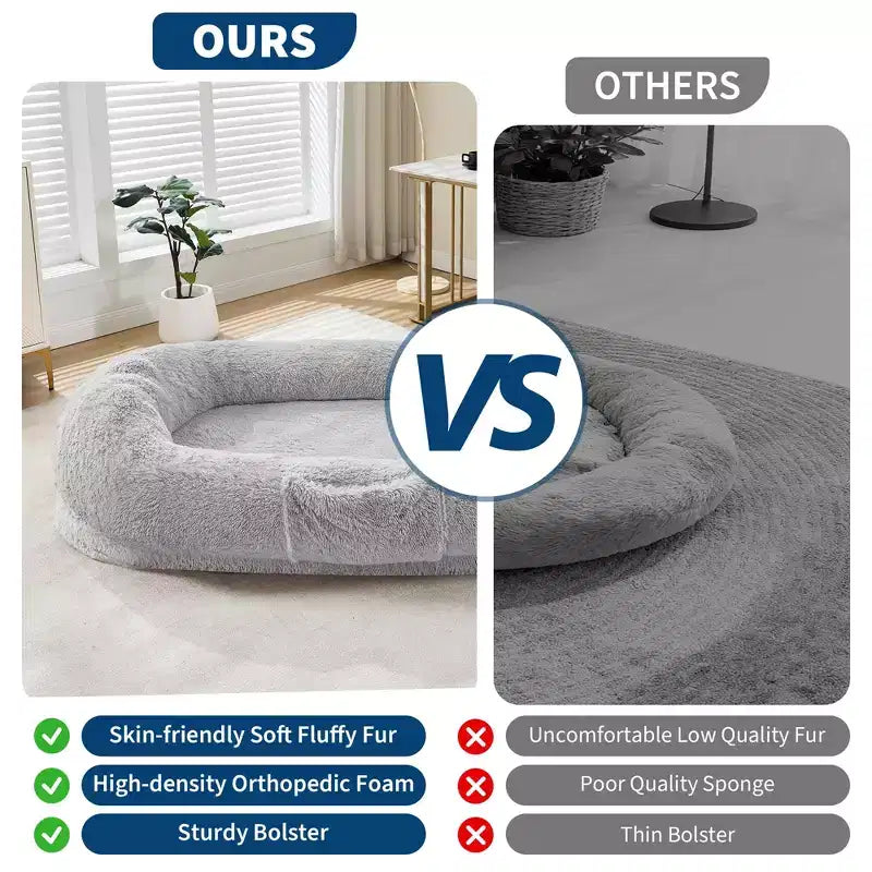 Lit pour chien humain 65 x 41 x 12, grand lit pouf en fausse fourrure avec poignée, housse amovible, poche latérale et mousse orthopédique alvéolée (marron)