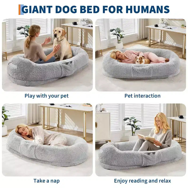 Lit pour chien humain 65 x 41 x 12, grand lit pouf en fausse fourrure avec poignée, housse amovible, poche latérale et mousse orthopédique alvéolée (marron)