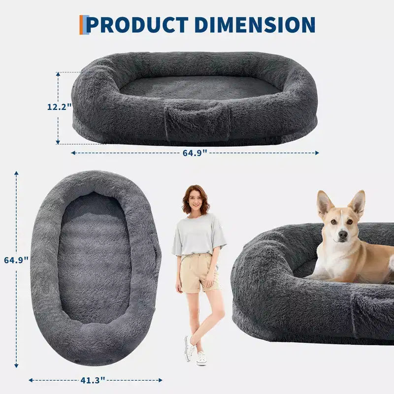 Lit pour chien humain 65 x 41 x 12, grand lit pouf en fausse fourrure avec poignée, housse amovible, poche latérale et mousse orthopédique alvéolée (marron)