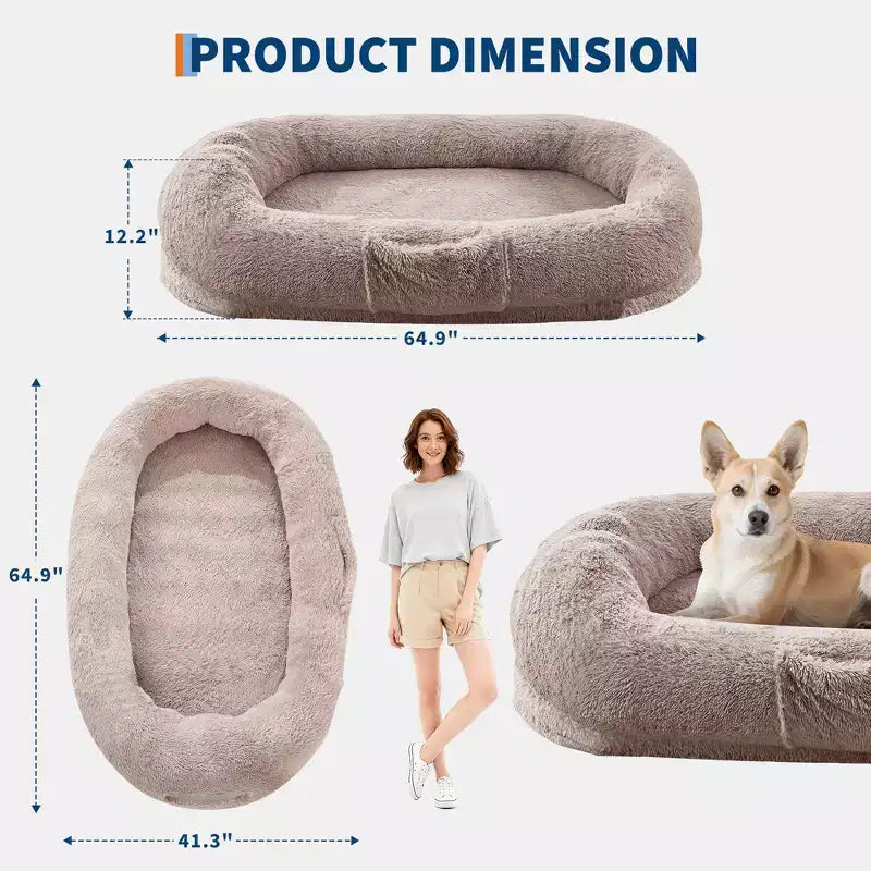 Lit pour chien humain 65 x 41 x 12, grand lit pouf en fausse fourrure avec poignée, housse amovible, poche latérale et mousse orthopédique alvéolée (marron)