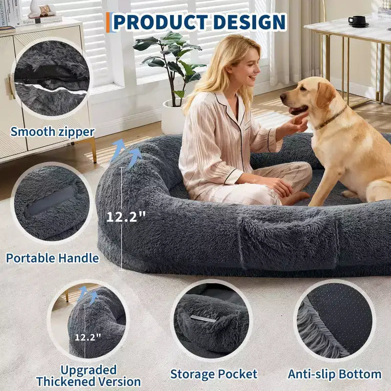 Lit pour chien humain 65 x 41 x 12, grand lit pouf en fausse fourrure avec poignée, housse amovible, poche latérale et mousse orthopédique alvéolée (marron)