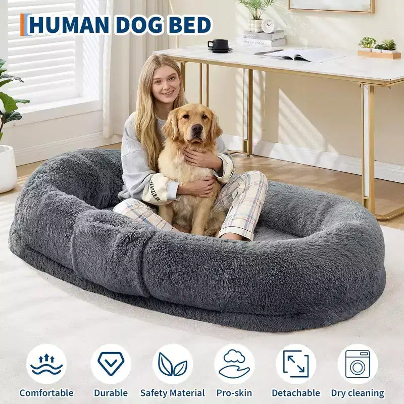 Lit pour chien humain 65 x 41 x 12, grand lit pouf en fausse fourrure avec poignée, housse amovible, poche latérale et mousse orthopédique alvéolée (marron)