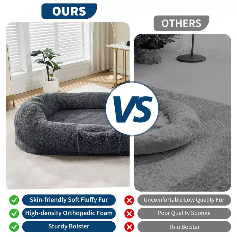 Lit pour chien humain 65 x 41 x 12, grand lit pouf en fausse fourrure avec poignée, housse amovible, poche latérale et mousse orthopédique alvéolée (marron)