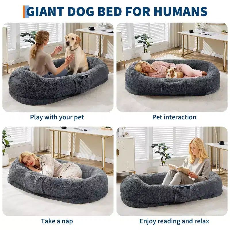 Lit pour chien humain 65 x 41 x 12, grand lit pouf en fausse fourrure avec poignée, housse amovible, poche latérale et mousse orthopédique alvéolée (marron)