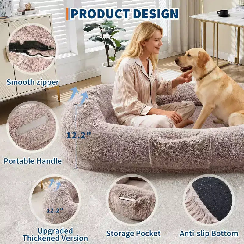 Lit pour chien humain 65 x 41 x 12, grand lit pouf en fausse fourrure avec poignée, housse amovible, poche latérale et mousse orthopédique alvéolée (marron)