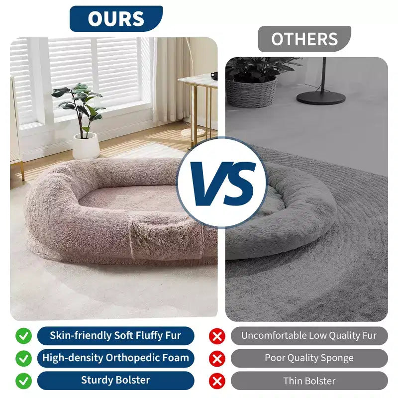 Lit pour chien humain 65 x 41 x 12, grand lit pouf en fausse fourrure avec poignée, housse amovible, poche latérale et mousse orthopédique alvéolée (marron)