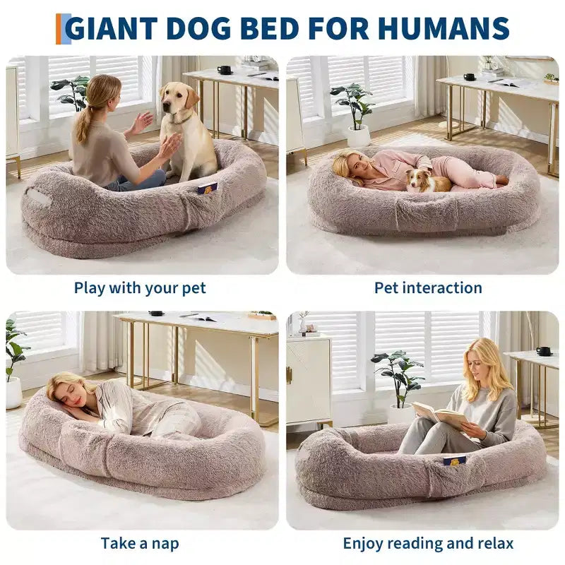 Lit pour chien humain 65 x 41 x 12, grand lit pouf en fausse fourrure avec poignée, housse amovible, poche latérale et mousse orthopédique alvéolée (marron)