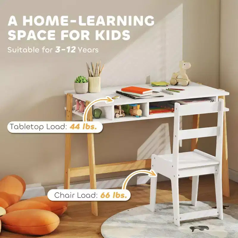 Ensemble bureau et chaise pour enfant avec rangement pour chambre d'étude, 3-12 ans, blanc