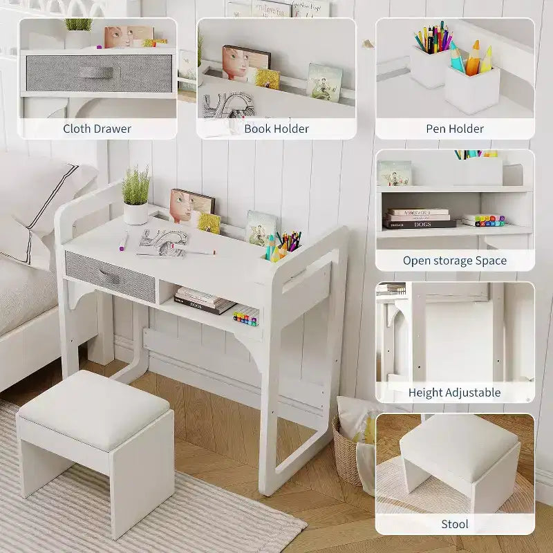 Ensemble bureau et chaise en bois avec tiroirs en tissu spacieux et porte-stylo intégré pour un apprentissage et une écriture organisés